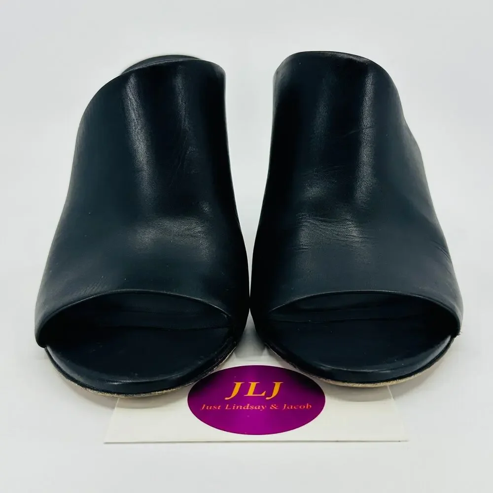 Vince Women's Hanna Black Leather Block-Heel Peep Toe Slip On Mules Size 6.5